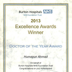 Burton Hospitals NHS 2013 Excellence Awards, Doctor of the Year Award certificate