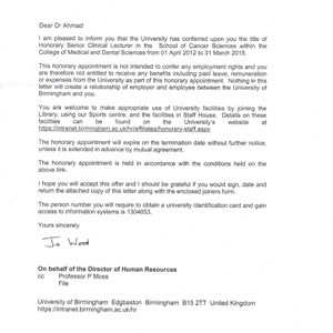 Letter confirming appointment as Honorary Senior Lecturer, University of Birmingham